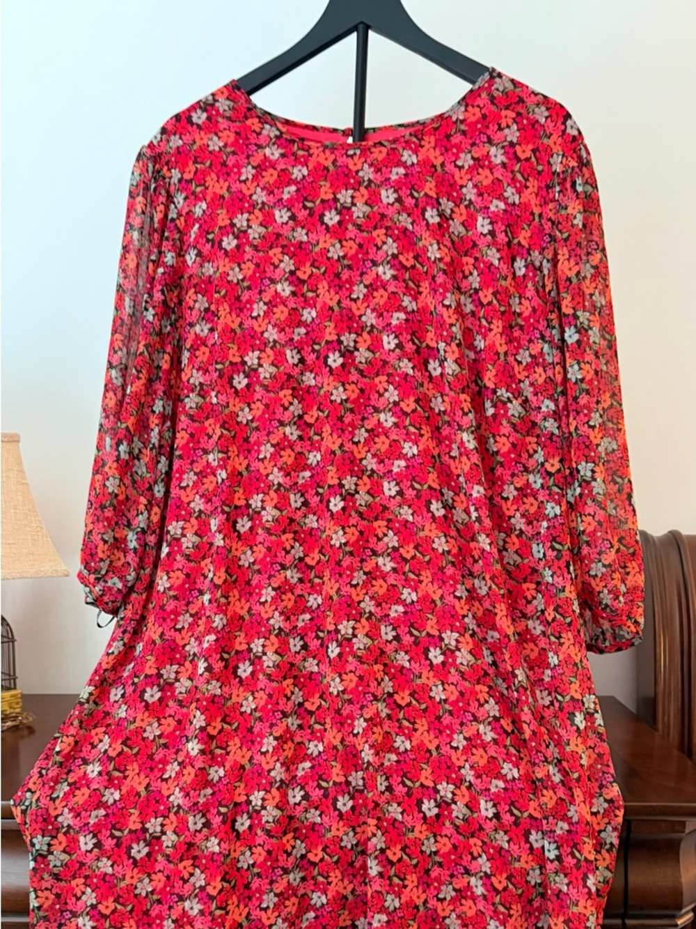 Calvin Klein Red Ditsy Floral Lightweight Flow Dress
